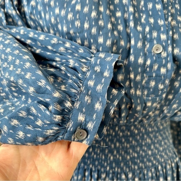 Rebecca Taylor Long Sleeve Ikat Shirtdress Indigo Blue Puff Sleeve Smocked Sz S - Picture 13 of 16
